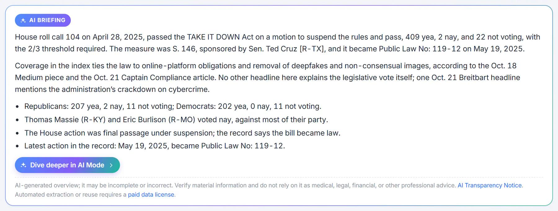 An AI Briefing on a vote page: a short summary of the vote, bullet points with the party split and the members who voted against most of their party, a Dive deeper in AI Mode button and a reminder that AI-generated text can be incomplete or incorrect